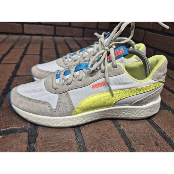 Puma NRGY Softfoam Shoe Women Size 9.5 White Gray Neon Athletic Sneakers Lace Up - Picture 1 of 8